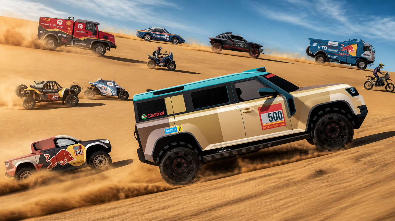 Mehrere Offroad-Fahrzeuge in der Wüste, darunter Trucks, Quads und Rallyeautos, bei einem Rennen auf Sanddünen.