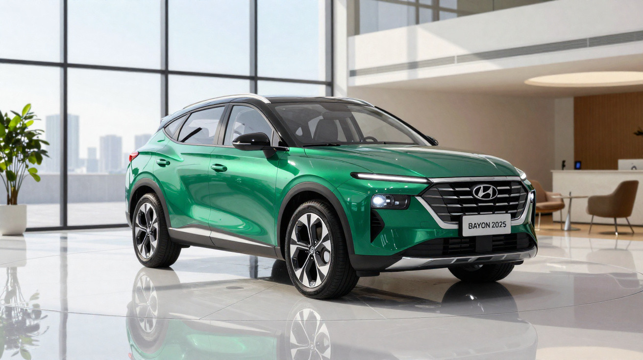 Grüner Hyundai Bayon 2025 SUV in modernem Showroom mit großen Fenstern und Tageslicht.