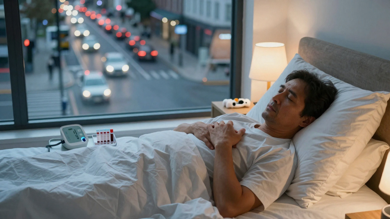 Mann liegt schlafend im Bett neben Blutzucker-Messgerät und großen Fenstern mit Blick auf Straßenverkehr bei Abendlicht.