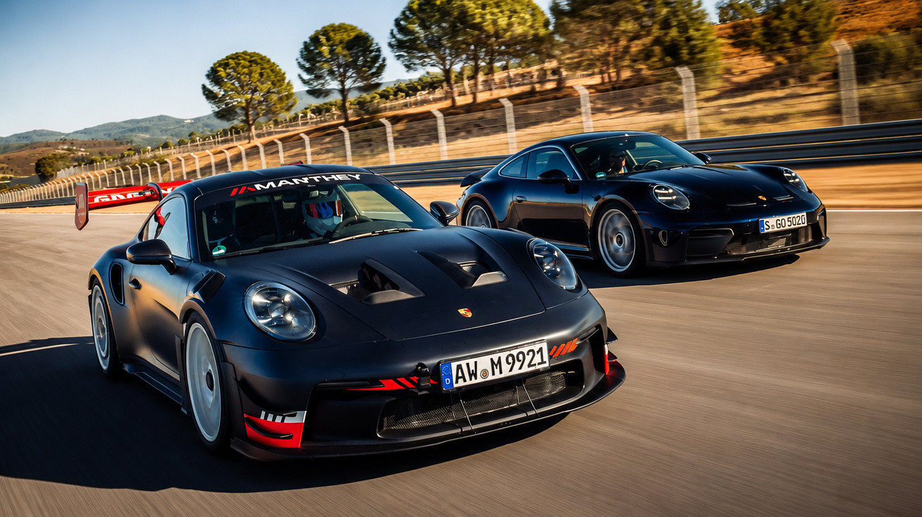 Zwei schwarze Porsche-Sportwagen fahren bei Sonnenschein auf einer Rennstrecke mit Hintergrund aus Bäumen und Bergen.