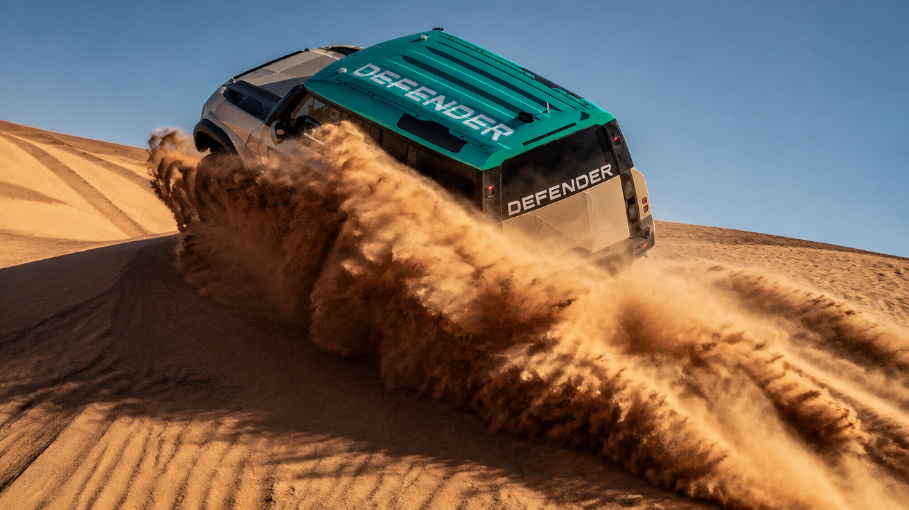 Geländewagen Land Rover Defender fährt kraftvoll durch Sanddüne und wirbelt Sand auf.