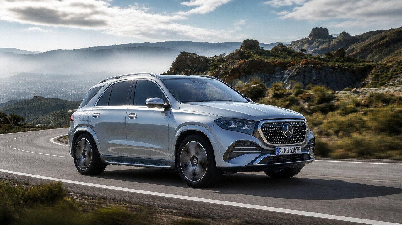 Silberner Mercedes-Benz SUV fährt auf kurviger Landstraße in bergiger Landschaft bei bewölktem Himmel.