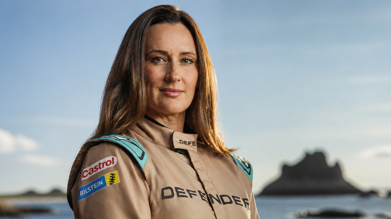 Frau in Rennfahrer-Overall mit Sponsor-Logos vor Küstenlandschaft und blauem Himmel.