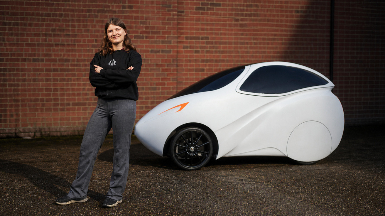 Eine junge Frau steht selbstbewusst neben einem futuristisch geformten weißen Elektroauto vor einer Backsteinwand.