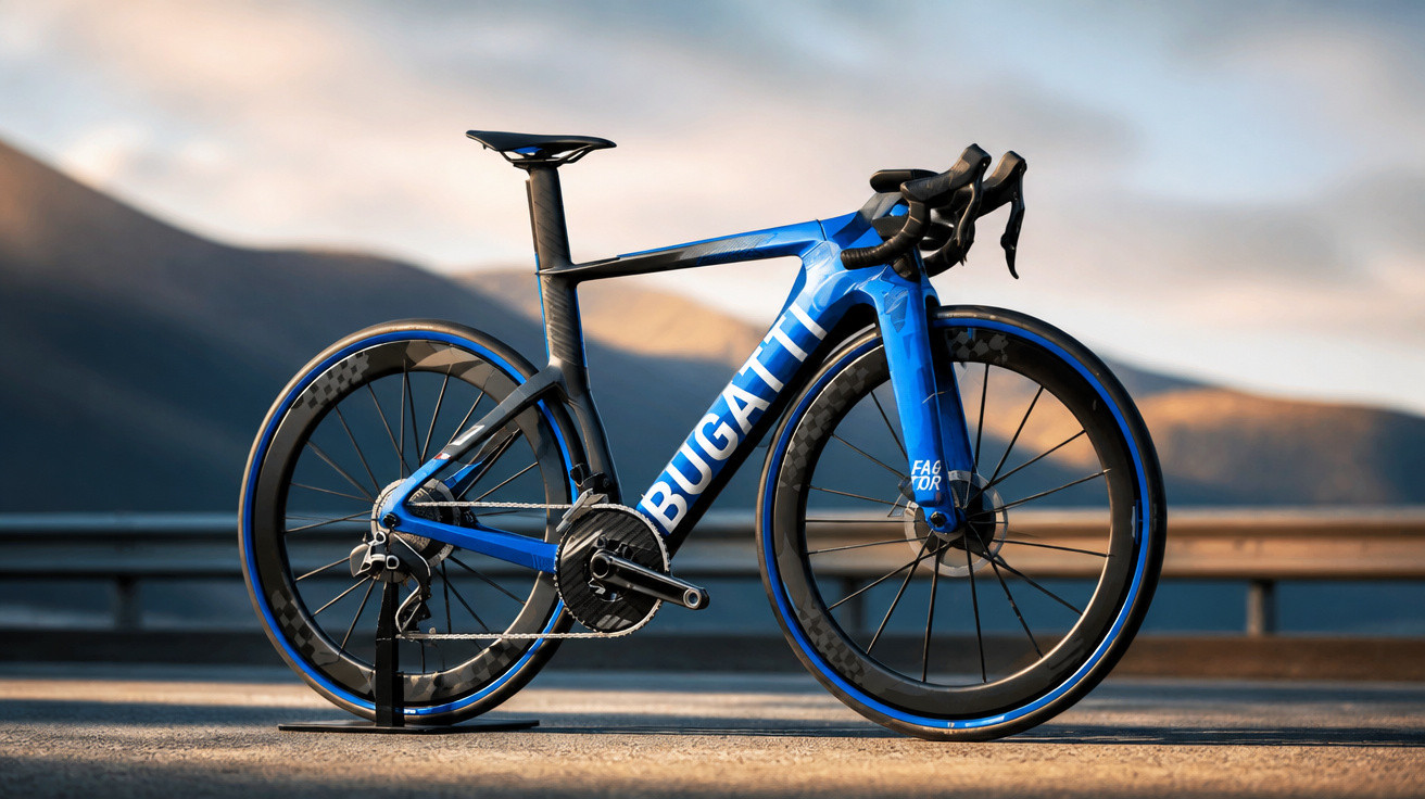 Modernes blau-schwarzes Bugatti Rennrad mit Carbonrahmen vor bergiger Landschaft bei Sonnenuntergang.