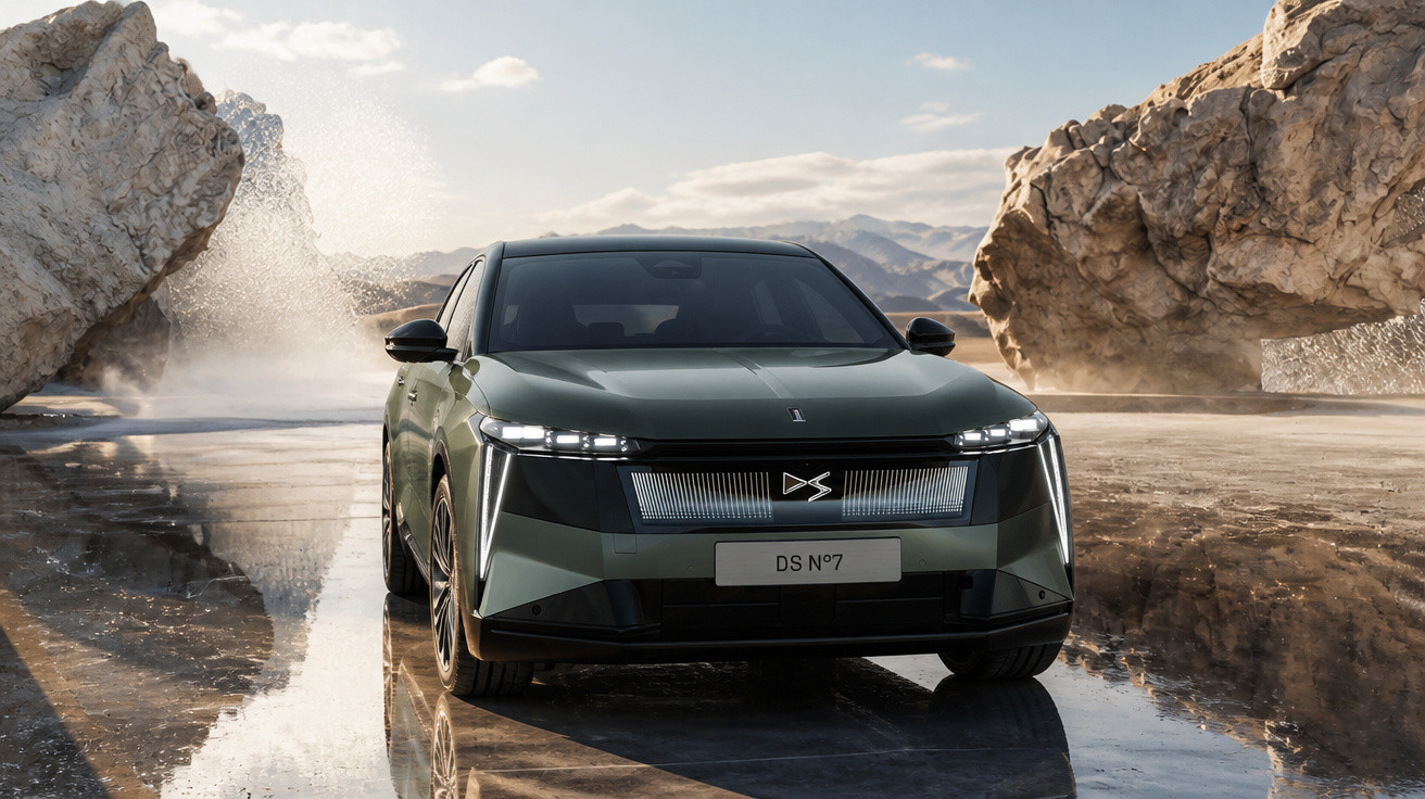 Moderner grüner DS N°7 SUV auf spiegelglattem Boden zwischen großen Felsen unter bewölktem Himmel.