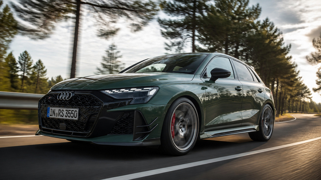 Grüner Audi RS3 fährt auf einer kurvigen Landstraße bei bewölktem Himmel und umgeben von Kiefernwald.