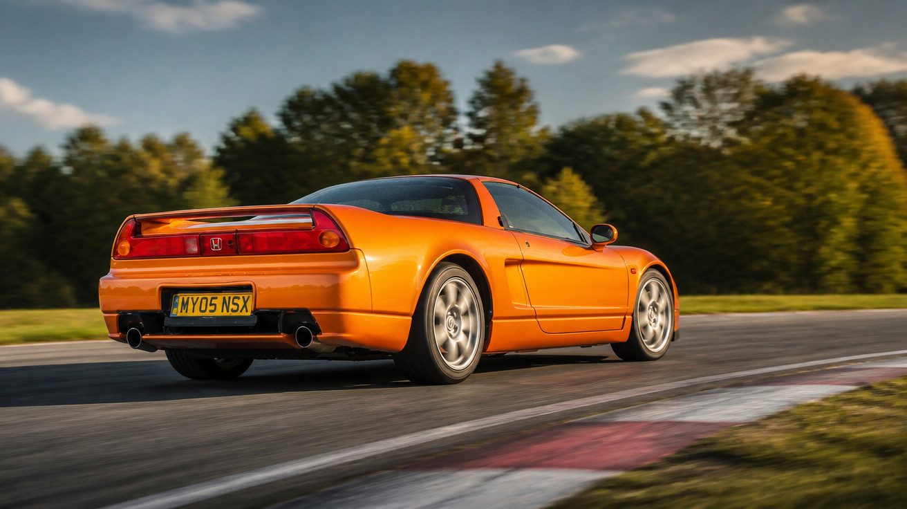 Oranger Honda NSX Sportwagen fährt auf einer Rennstrecke bei sonnigem Wetter, umgeben von grünen Bäumen.