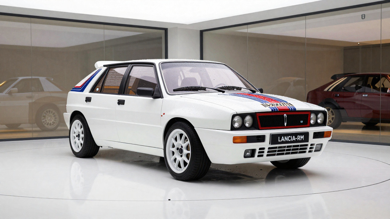 Weißer Lancia Delta Integrale mit Rallye-Streifen in moderner Ausstellungshalle.