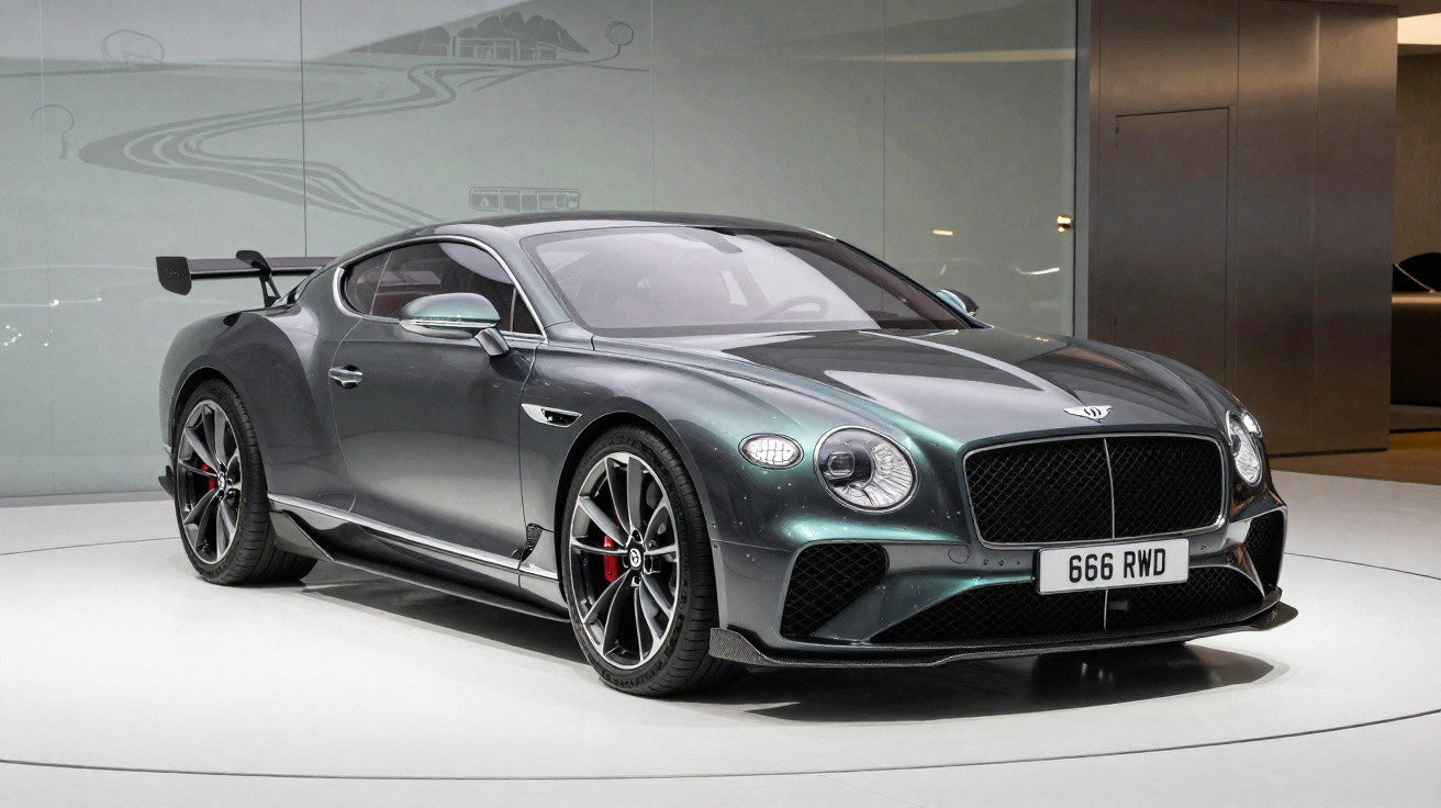 Dunkelgrüner Bentley Sportwagen mit schwarzem Frontgrill und großem Heckspoiler in Ausstellungshalle.
