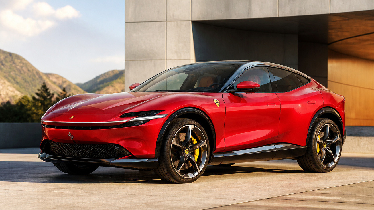 Roter Ferrari SUV im modernen Design vor Gebäude und Berglandschaft bei Tageslicht.
