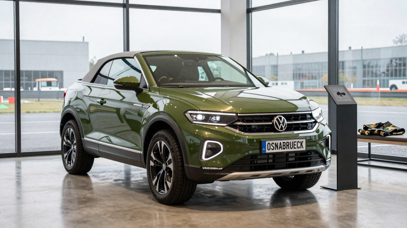 Grüner Volkswagen T-Roc Cabriolet im Ausstellungsraum mit großen Fenstern und glänzendem Boden.