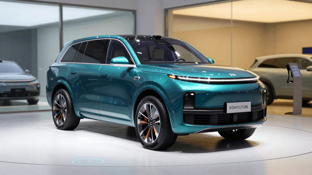 Grünes Elektro-SUV KGM Future auf Ausstellung mit modernem Design und großen Rädern im Showroom.