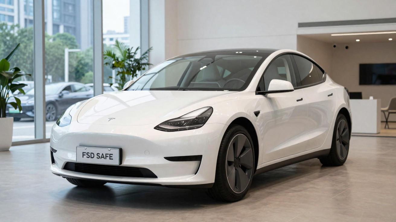 Weißes Tesla Model 3 in modernem Showroom mit großen Fenstern und glänzendem Boden.