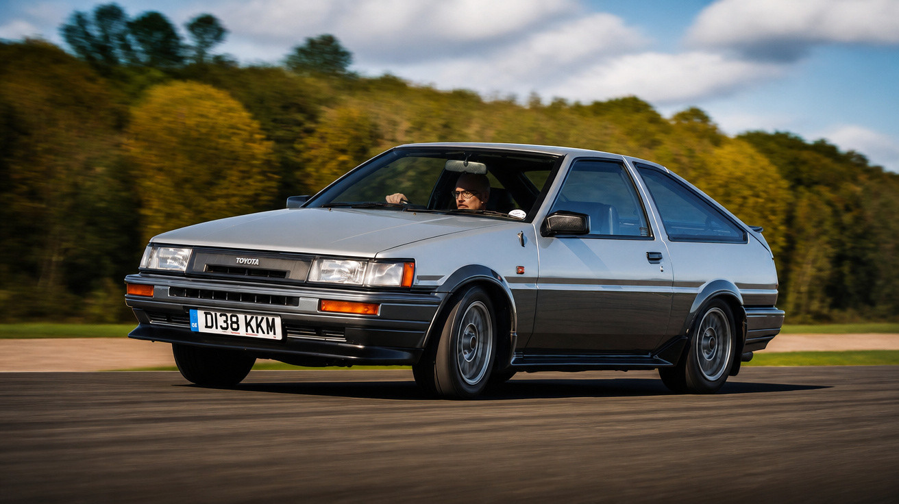 Silberner Toyota Corolla AE86 fährt auf Landstraße, Fahrer mit Brille und Mütze am Steuer, Herbstwald im Hintergrund.