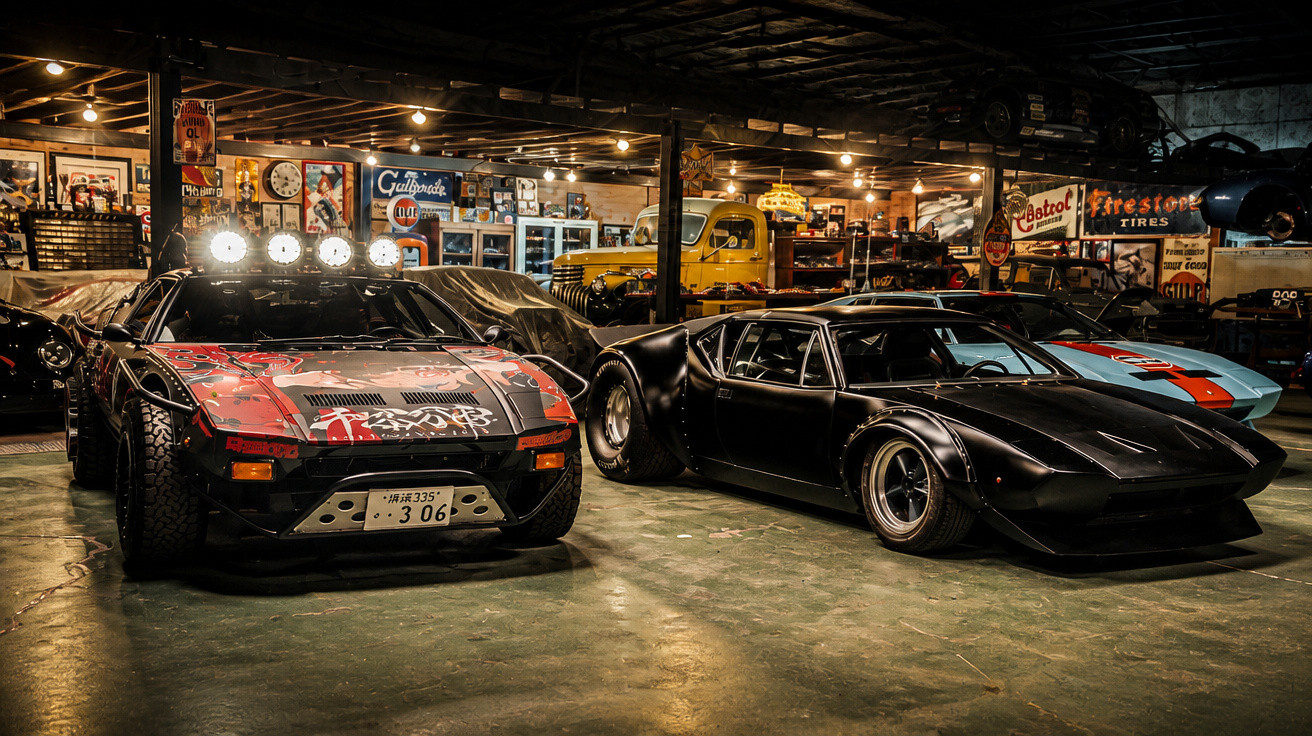 Zwei getunte Sportwagen neben Oldtimern in einer gut beleuchteten Autowerkstatt mit Retro-Dekoration.
