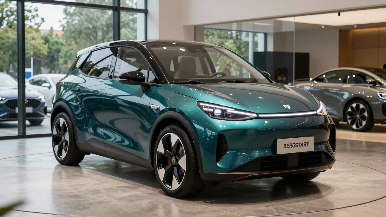 Moderner grüner Elektro-SUV mit schwarzem Dach in stilvollem Autohaus vor großen Fenstern.
