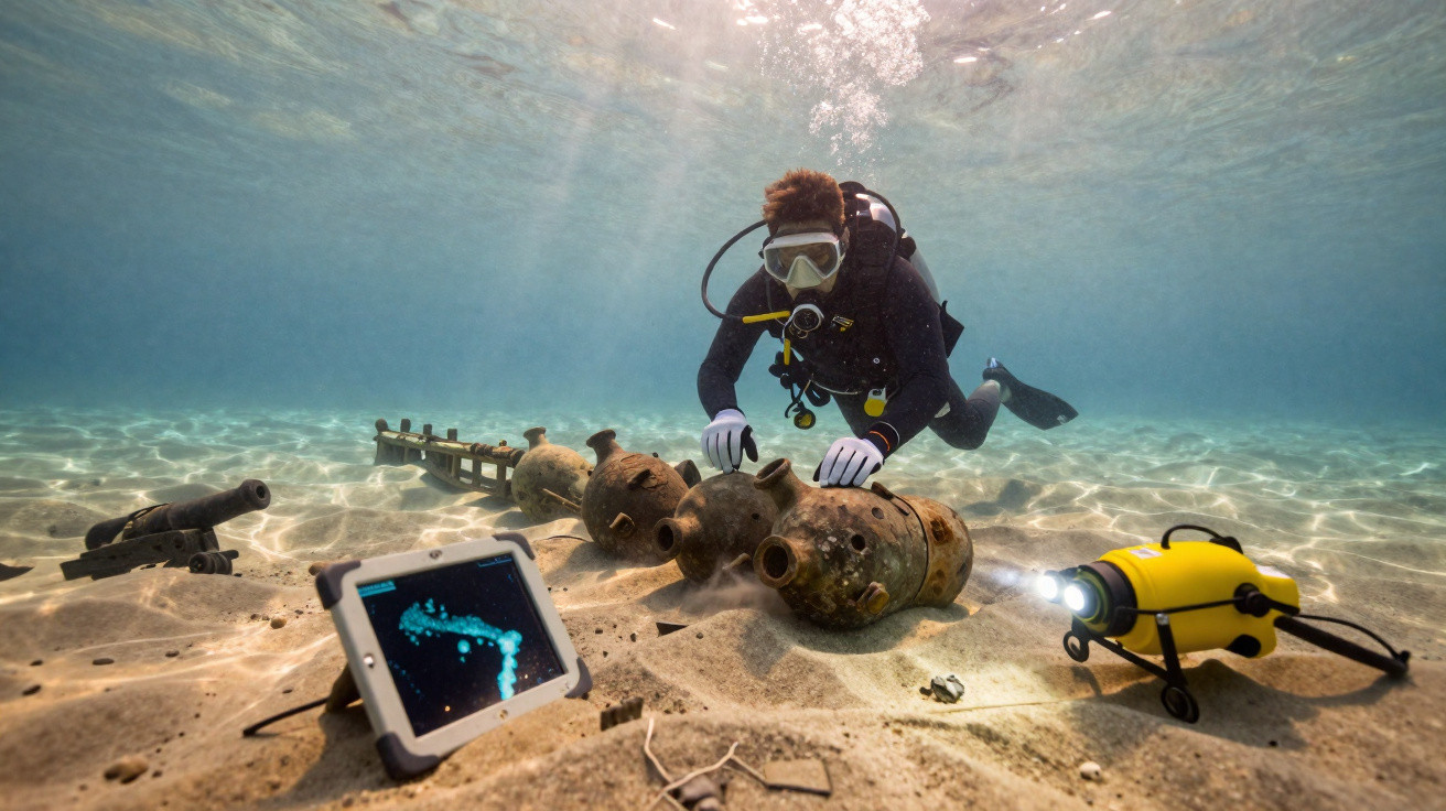 Taucher untersucht antike Amphoren und Kanonen auf sandigem Meeresboden mit Unterwasserbeleuchtung und Tablet.