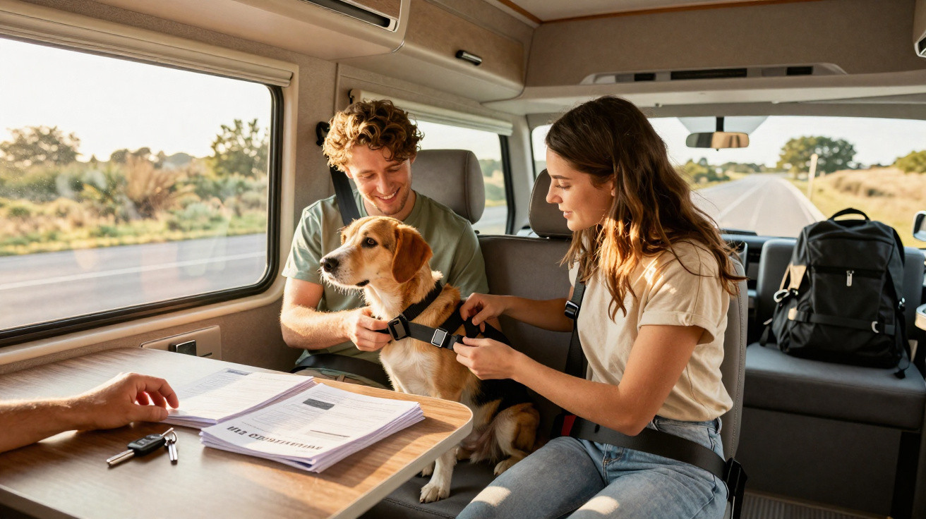 Junges Paar sichert während der Fahrt im Wohnmobil ihren Hund mit Sicherheitsgeschirr.
