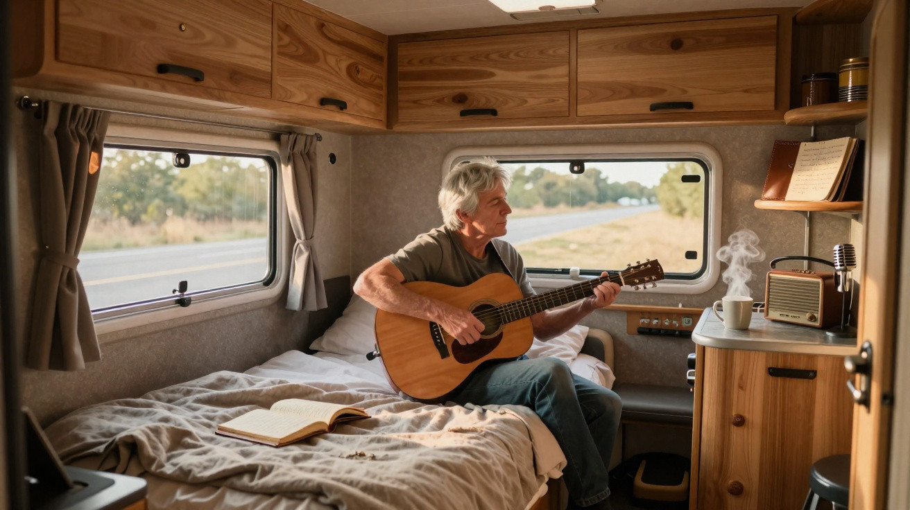 Älterer Mann spielt Gitarre auf dem Bett in einem gemütlichen Wohnmobil mit Blick auf die Straße.