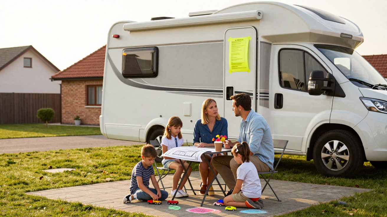 Familie mit drei Kindern sitzt an einem Tisch vor einem Wohnmobil auf einem Campingplatz.