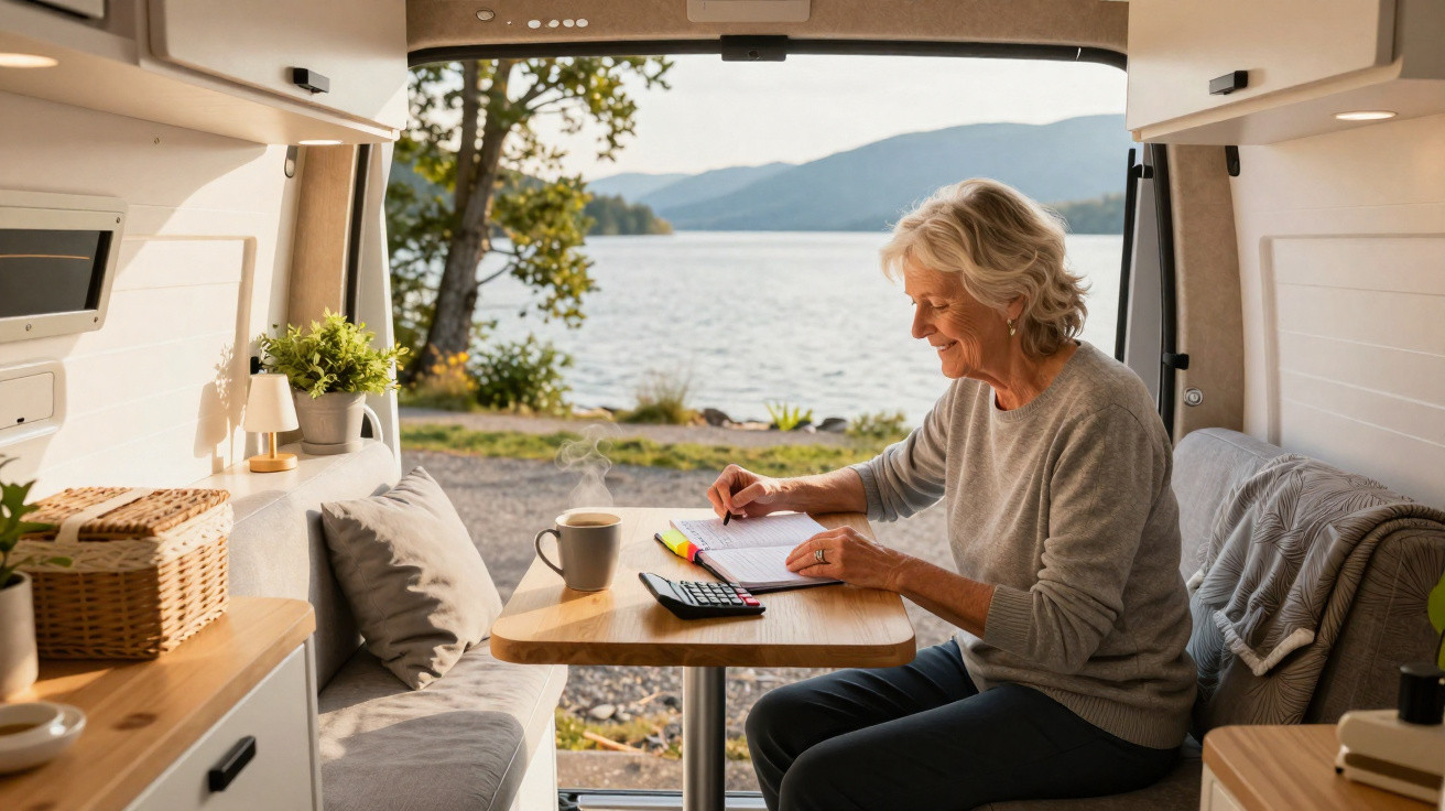 Ältere Frau sitzt im Camper am Tisch, schreibt in Notizbuch, mit Kaffee, Blick auf See und Berge draußen.