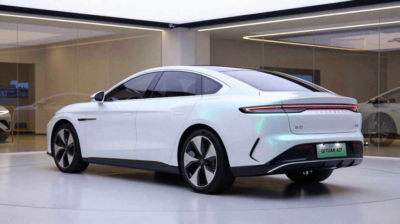 Weißes Elektroauto Qiyuan A07 in modernem Showroom mit reflektierenden Glaswänden und minimalistischer Beleuchtung.