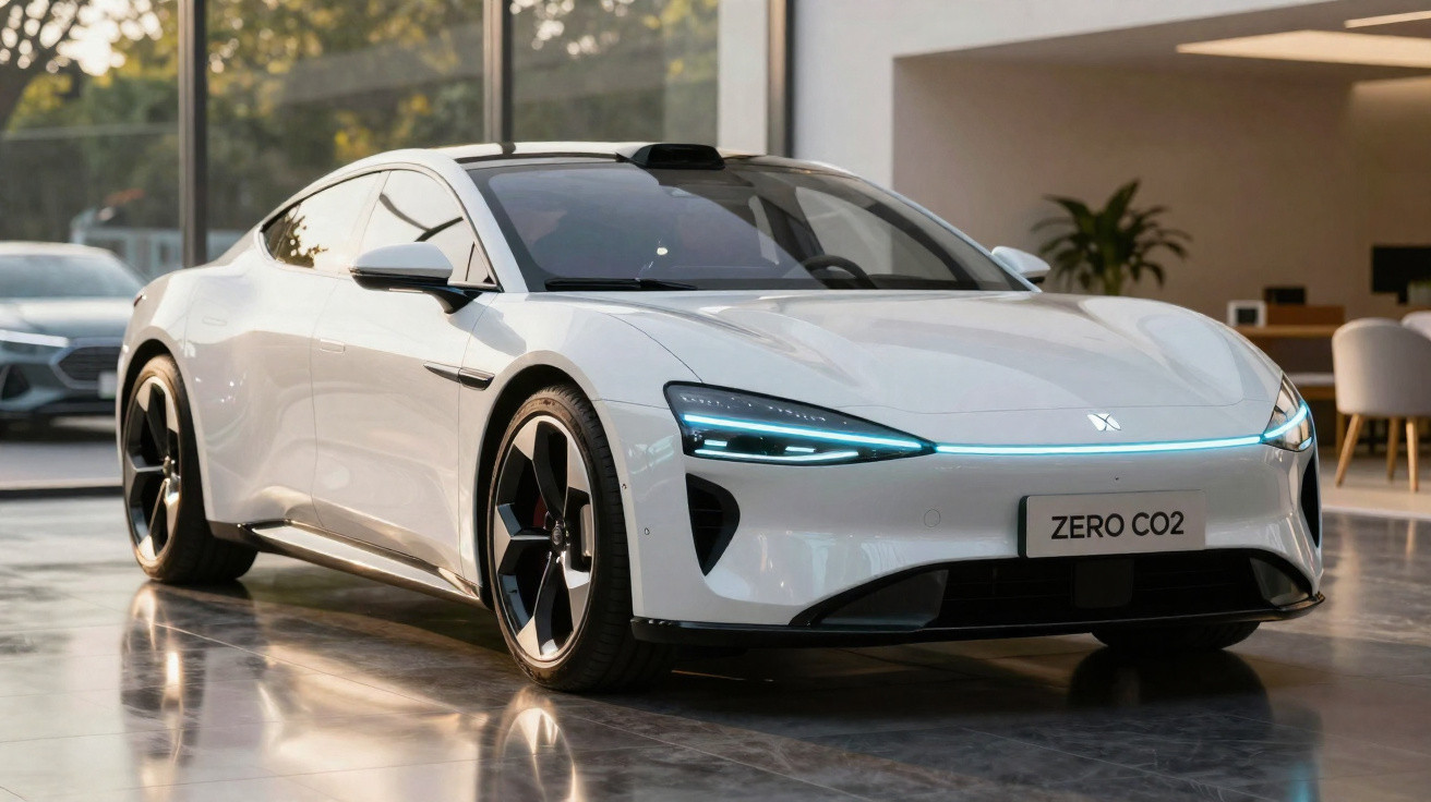 Weißes Elektroauto mit moderner LED-Beleuchtung und „ZERO CO2“-Kennzeichen in Innenraum-Ausstellung.