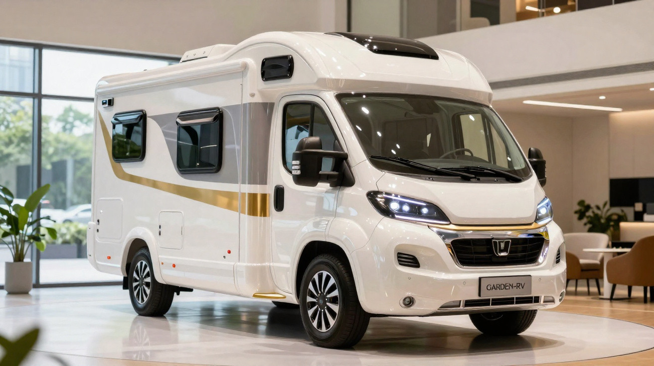 Weißes Reisemobil mit grauen und goldenen Akzenten in moderner Ausstellungshalle auf glänzendem Boden.