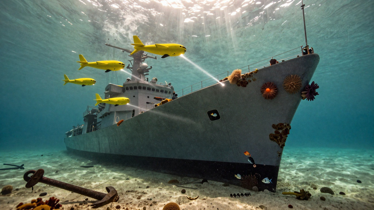 Unterwasseraufnahme eines gesunkenen Kriegsschiffs mit gelben Fischen und Meeresboden mit Anker.