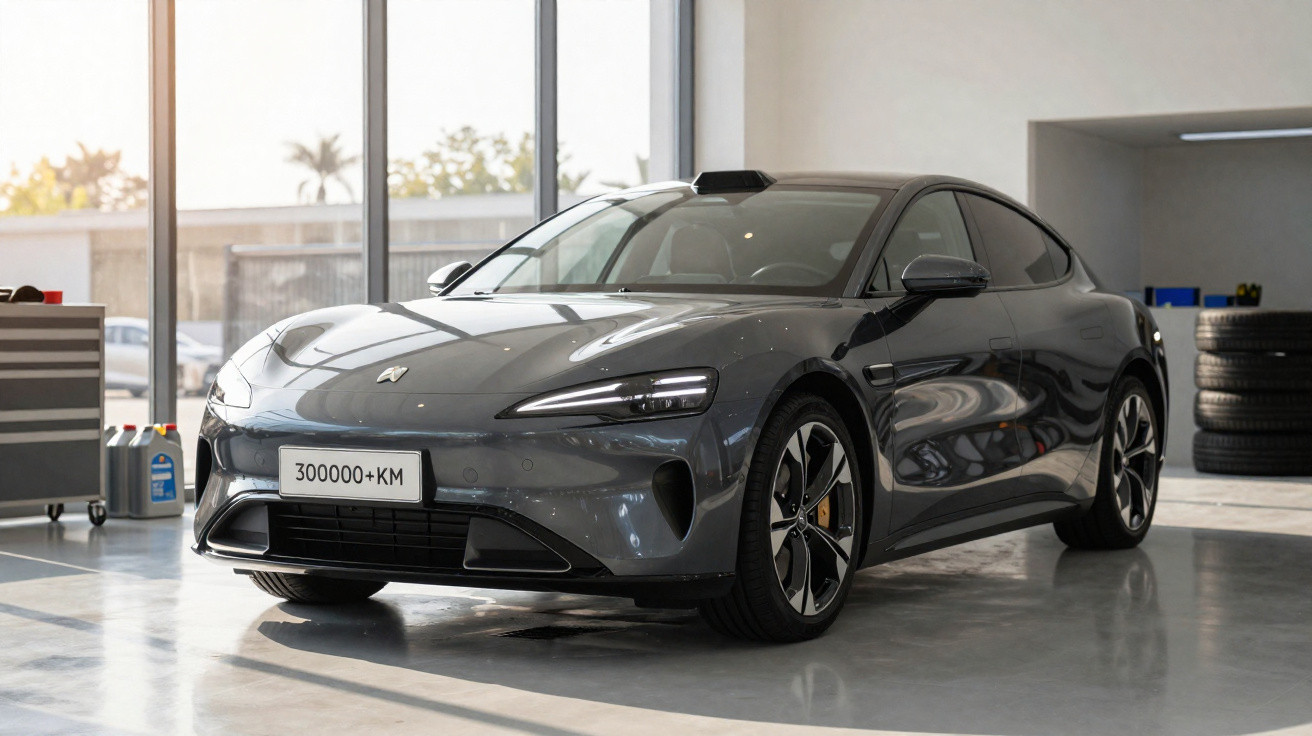Graues Elektroauto steht in heller Werkstatt vor großen Fenstern, Kennzeichen mit 300000+ KM.