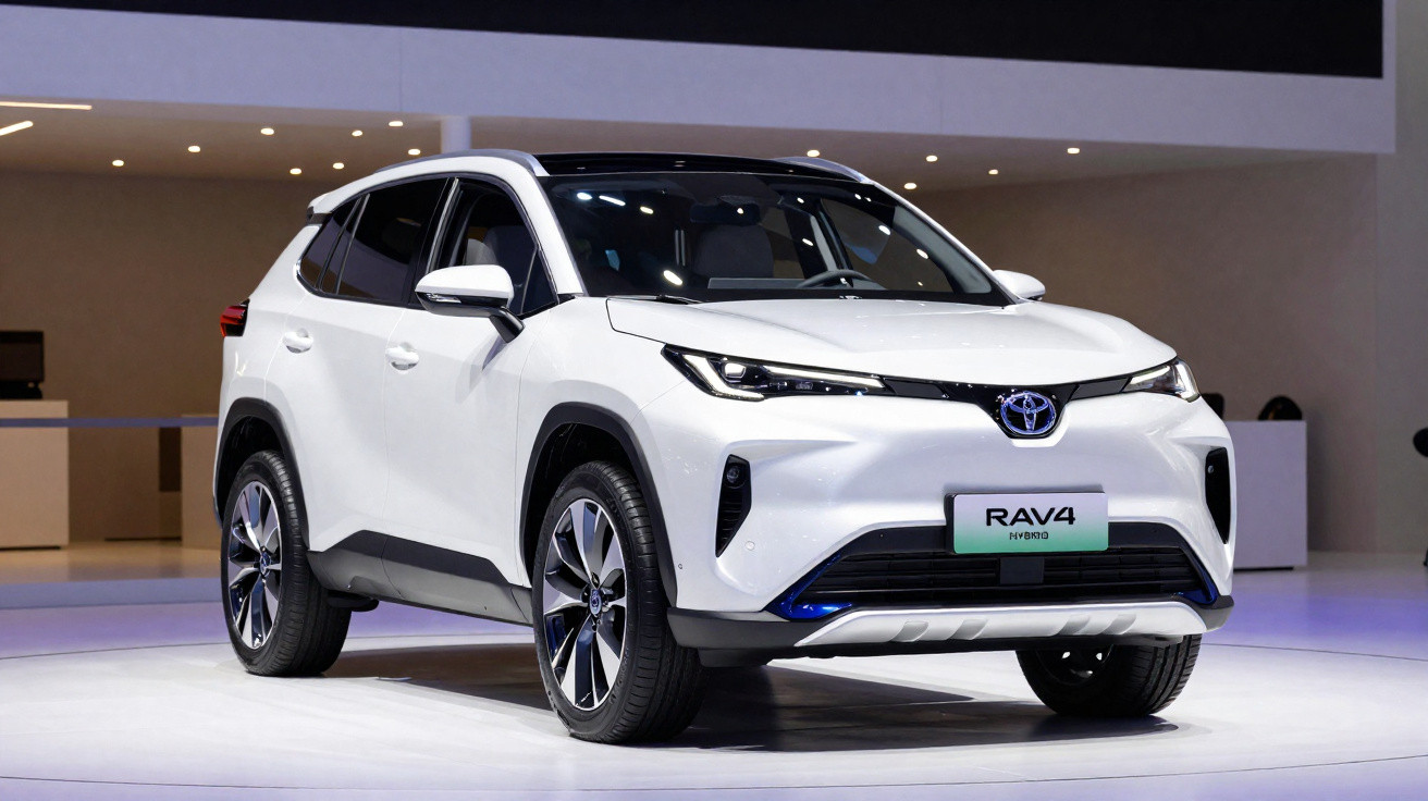 Weißer Toyota RAV4 Hybrid SUV auf Messe, beleuchtet und von vorne seitlich fotografiert.