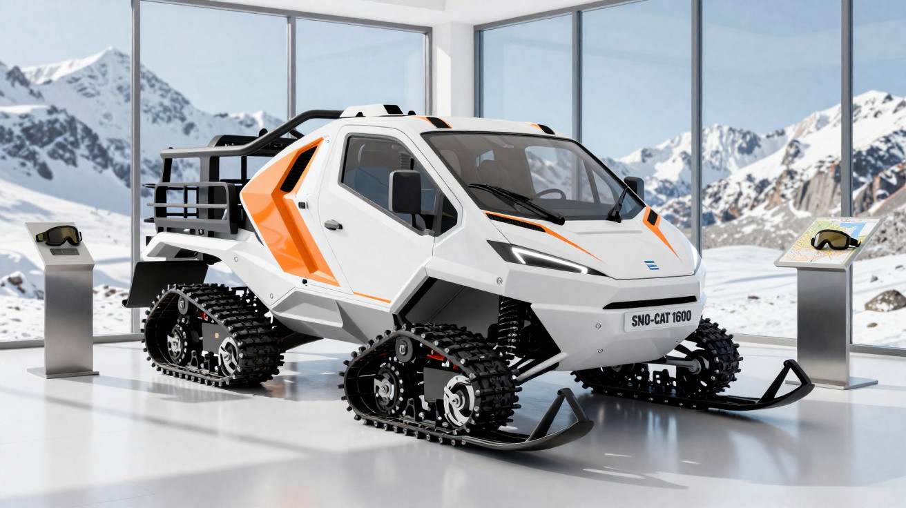 Futuristisches weiß-orangendes Schneemobil mit Raupenantrieb in modernem Ausstellungsraum mit Bergblick.