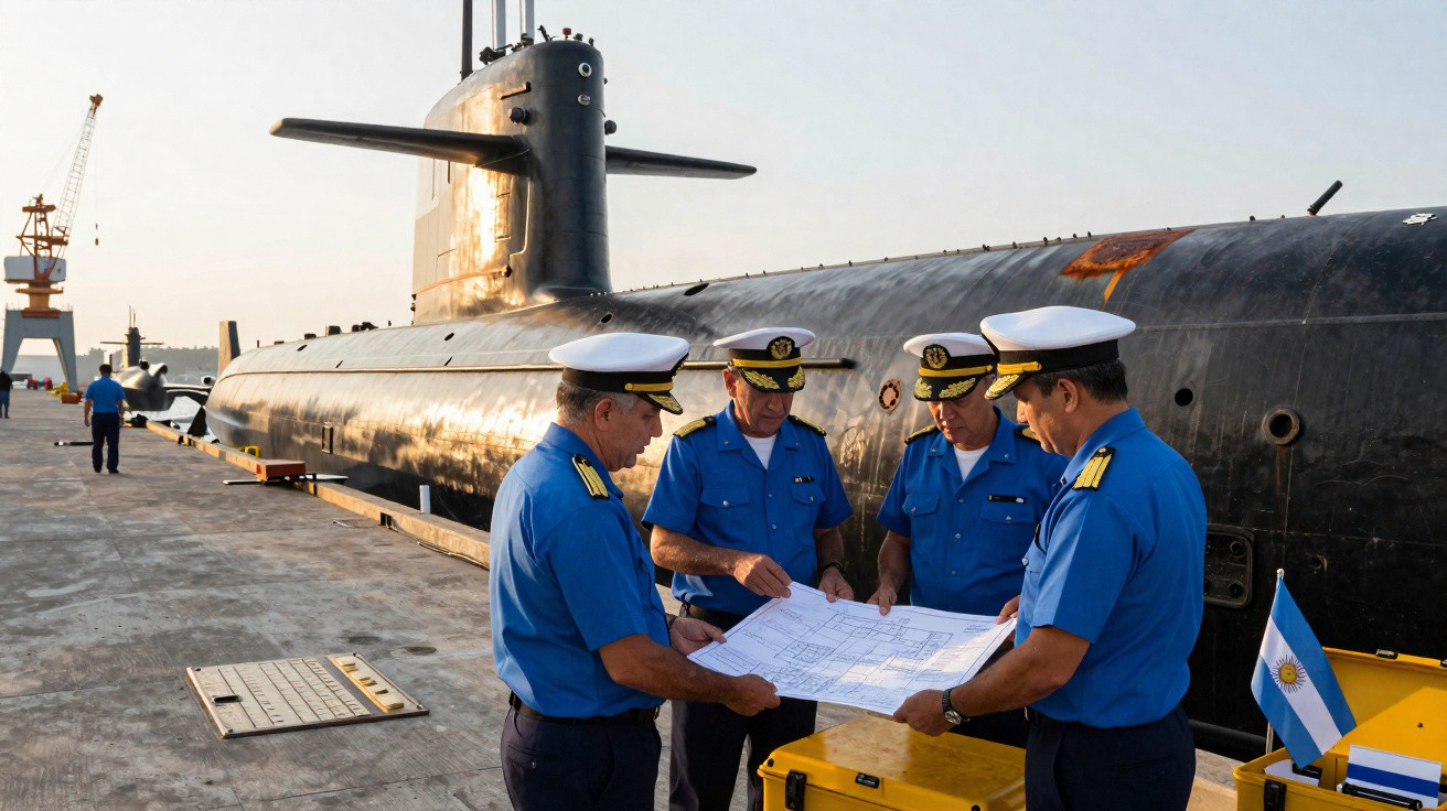 Vier Marineoffiziere in blauer Uniform prüfen Pläne neben einem U-Boot im Hafen bei Sonnenuntergang.