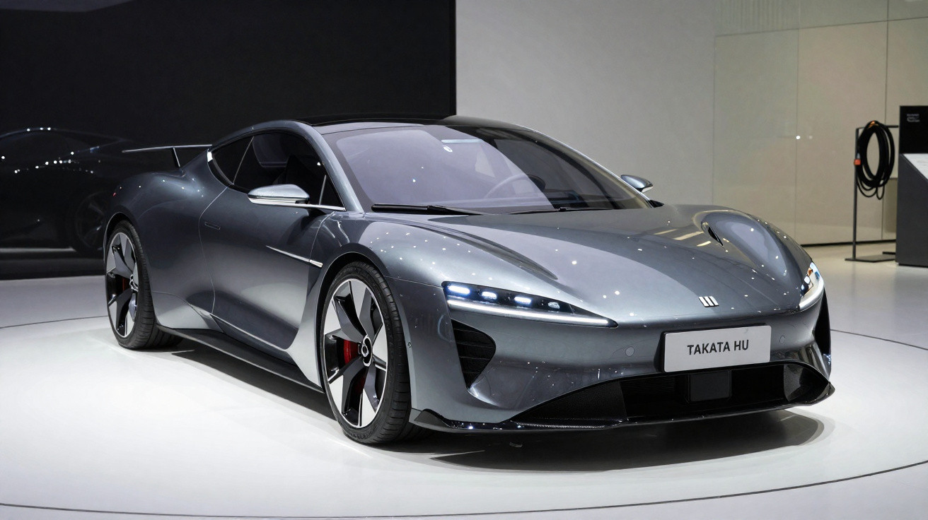 Silberner Sportwagen Takata HU mit LED-Scheinwerfern und futuristischem Design auf Autoausstellung.