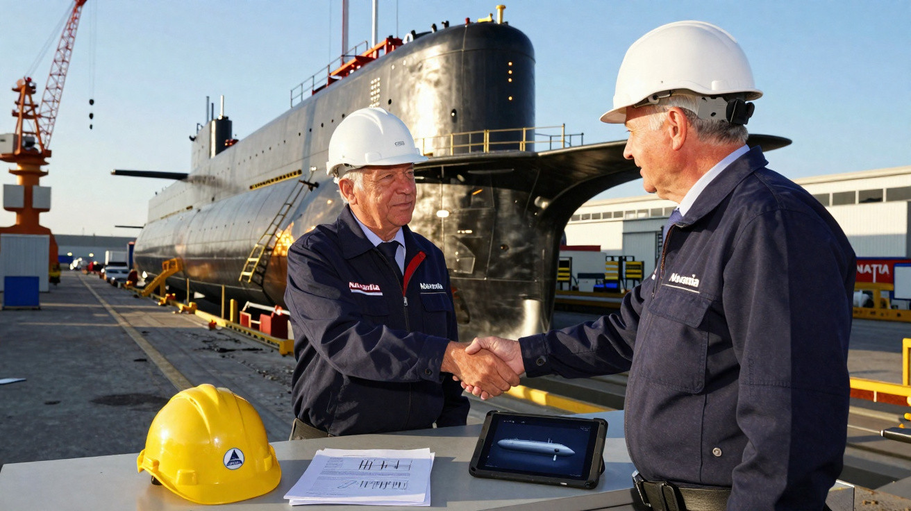 Zwei Männer mit Schutzhelmen schütteln sich vor einem U-Boot in einem Werftgelände die Hand.