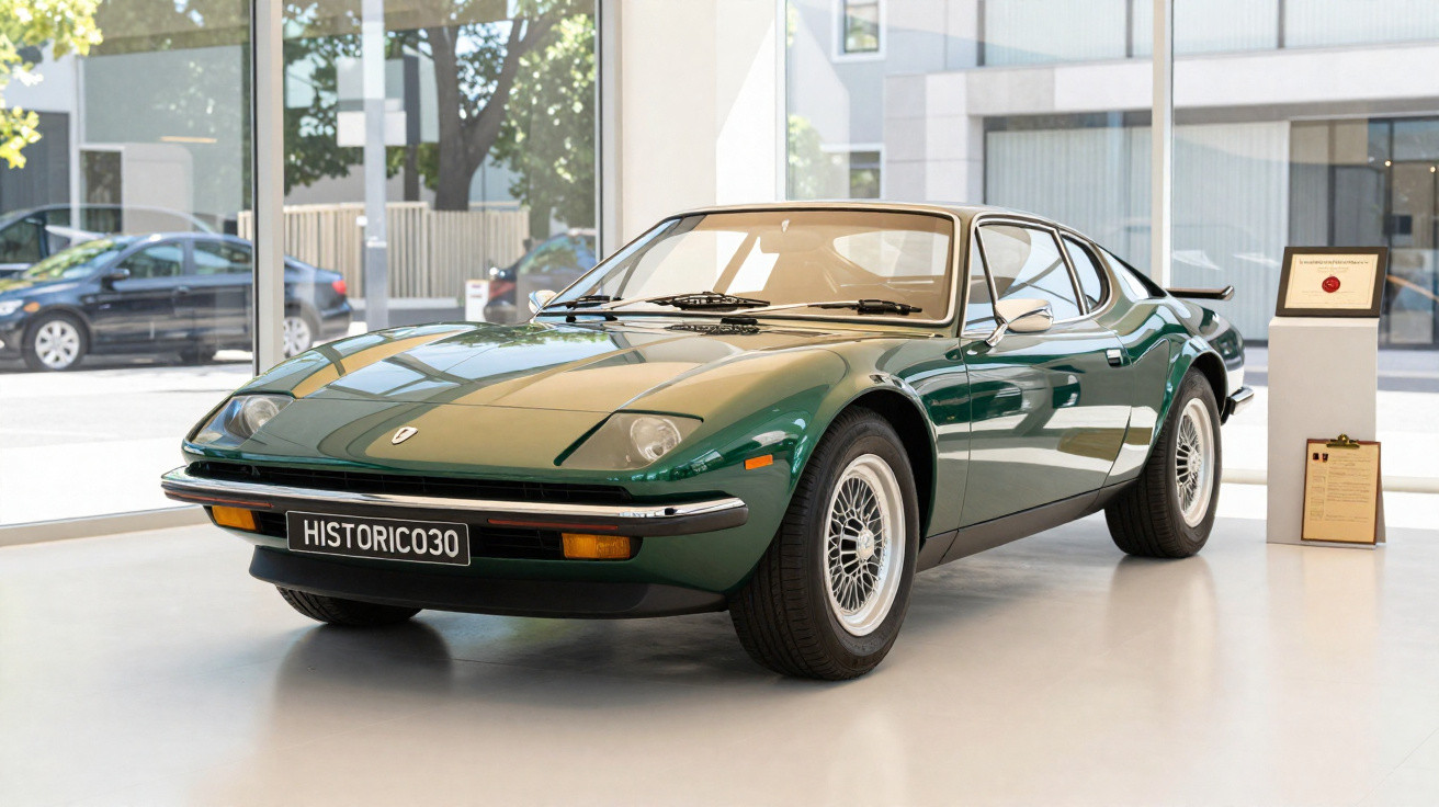 Grünes klassisches Sportcoupé im Ausstellungsraum vor großen Fenstern mit Info-Tafel und Urkunde.