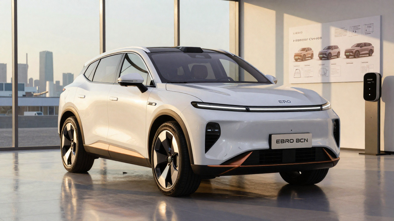 Weißer Elektro-SUV EBRO BCN in modernem Showroom mit großen Fenstern und Stadtsilhouette im Hintergrund.