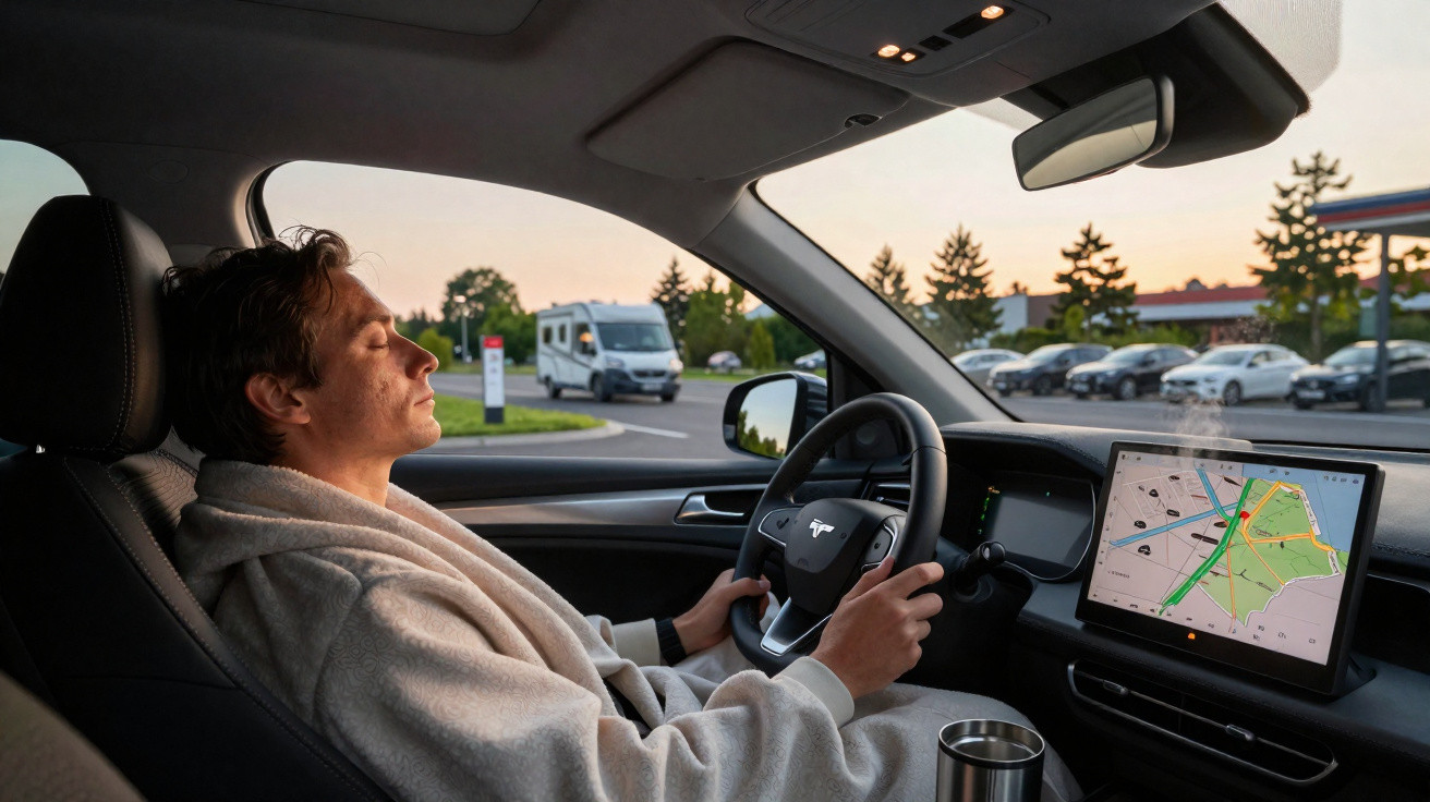 Mann entspannt sich im selbstfahrenden Tesla, während das Auto auf der Karte eine Route anzeigt.