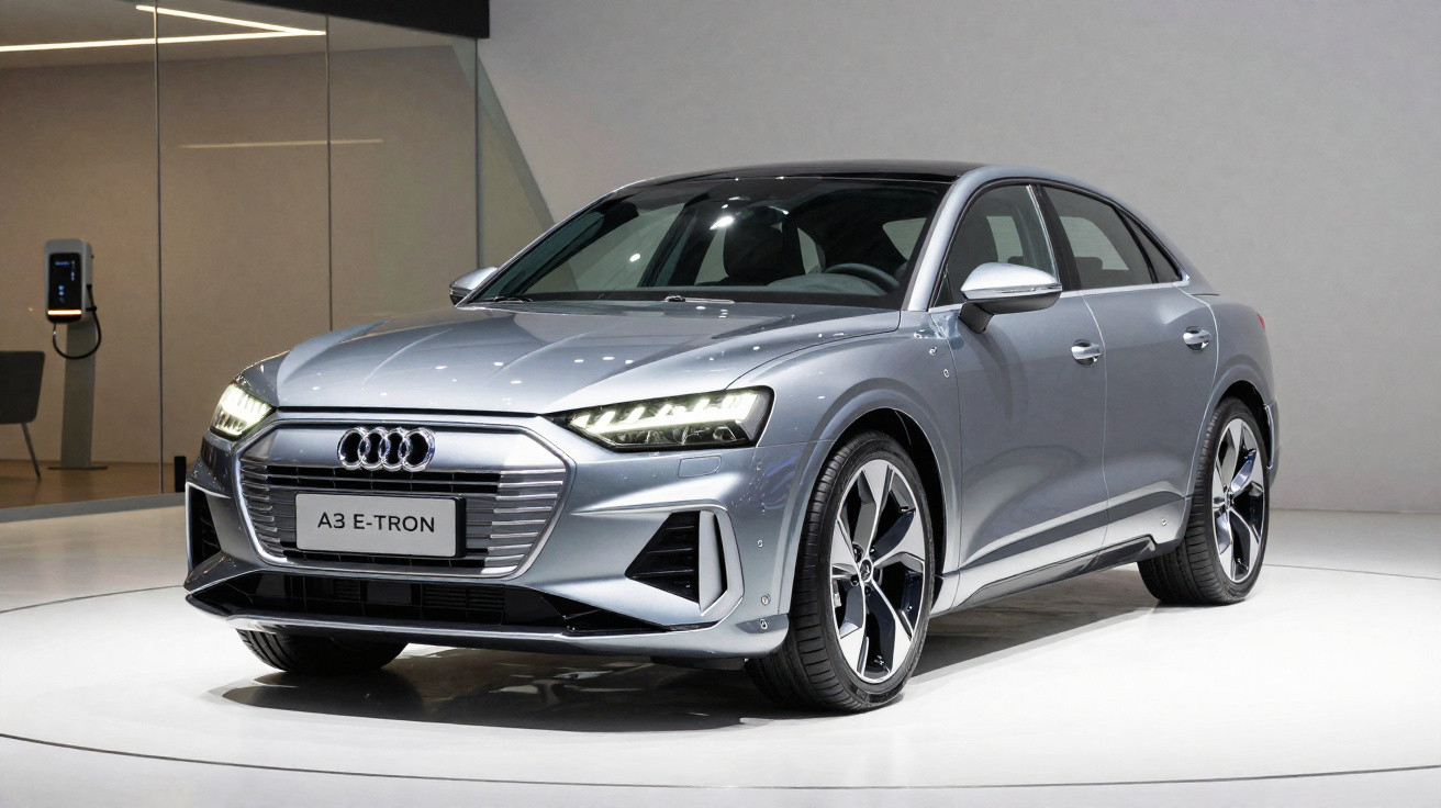 Silberner Audi A3 E-Tron Elektroauto auf Präsentationsbühne in modernem Ausstellungsraum.