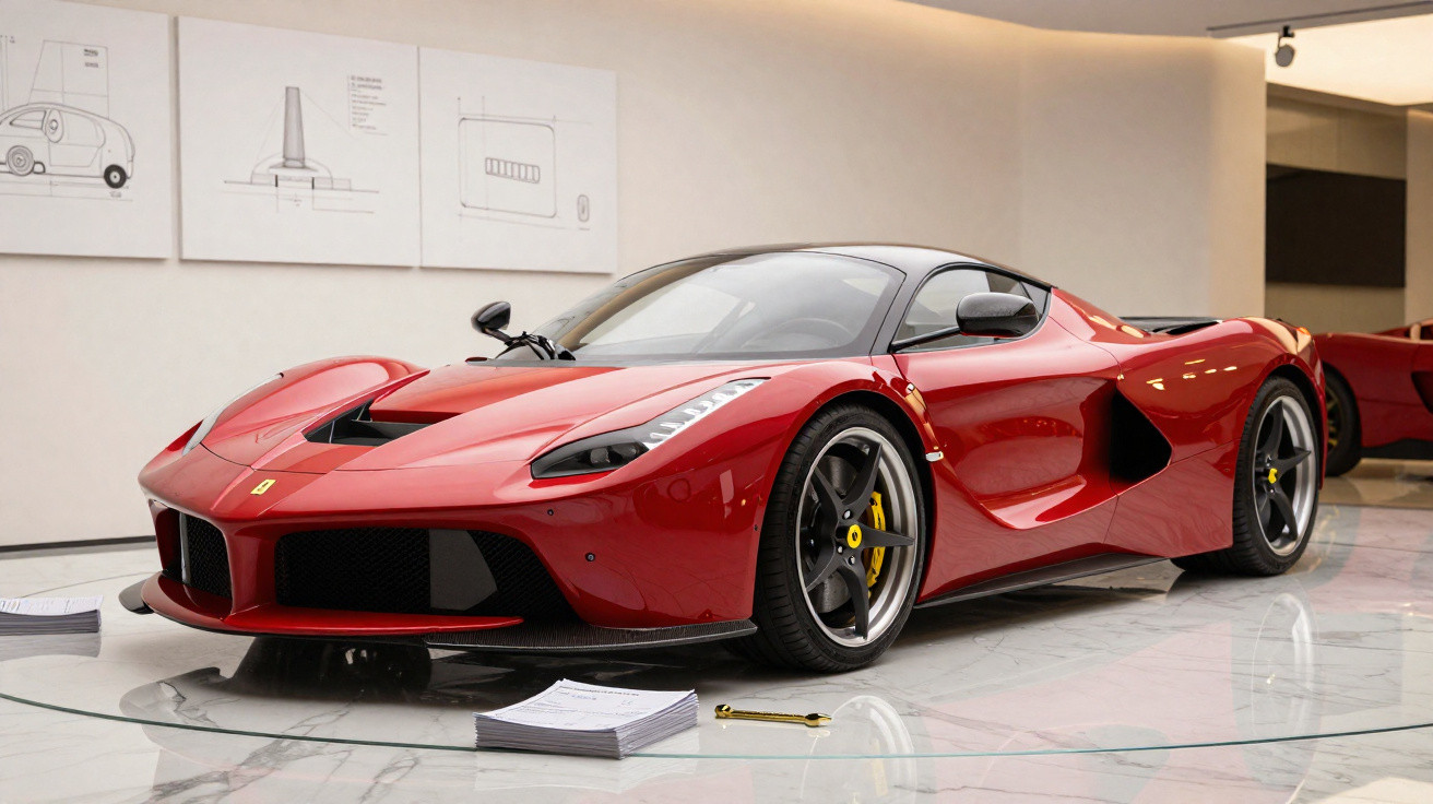 Roter Ferrari Sportwagen auf einer glänzenden Marmorboden-Ausstellung in einem modernen Raum mit technischen Zeichnungen an d