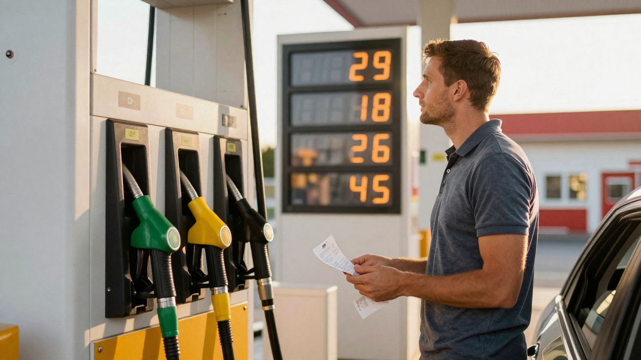 Mann an Tankstelle blickt auf Preistafel, hält Kassenzettel, steht neben Zapfsäulen und Auto.