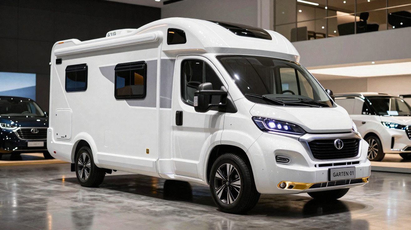 weißes Wohnmobil mit moderner Front und LED-Scheinwerfern in einer Fahrzeugausstellung