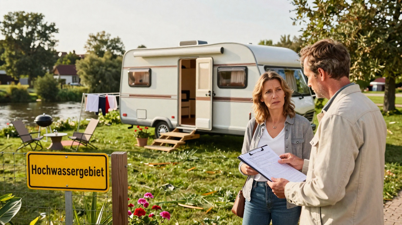Frau und Mann stehen vor Wohnwagen in Hochwassergebiet mit Formular in der Hand, Wäscheleine und Gartentisch im Hintergrund.