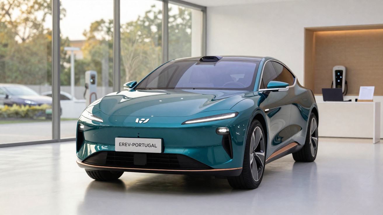 Modernes, grünes Elektroauto mit aerodynamischem Design in hellem Showroom mit großen Fenstern.