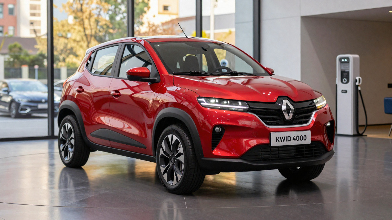 Roter Renault KWID 4000 Elektro-Kleinwagen in moderner Ausstellungshalle mit Ladestation im Hintergrund.