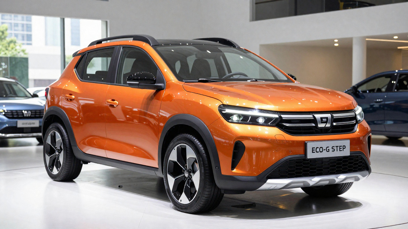 Oranger Dacia ECO-G STEP SUV in moderner Ausstellungshalle mit schwarzem Dach und markanten Scheinwerfern.