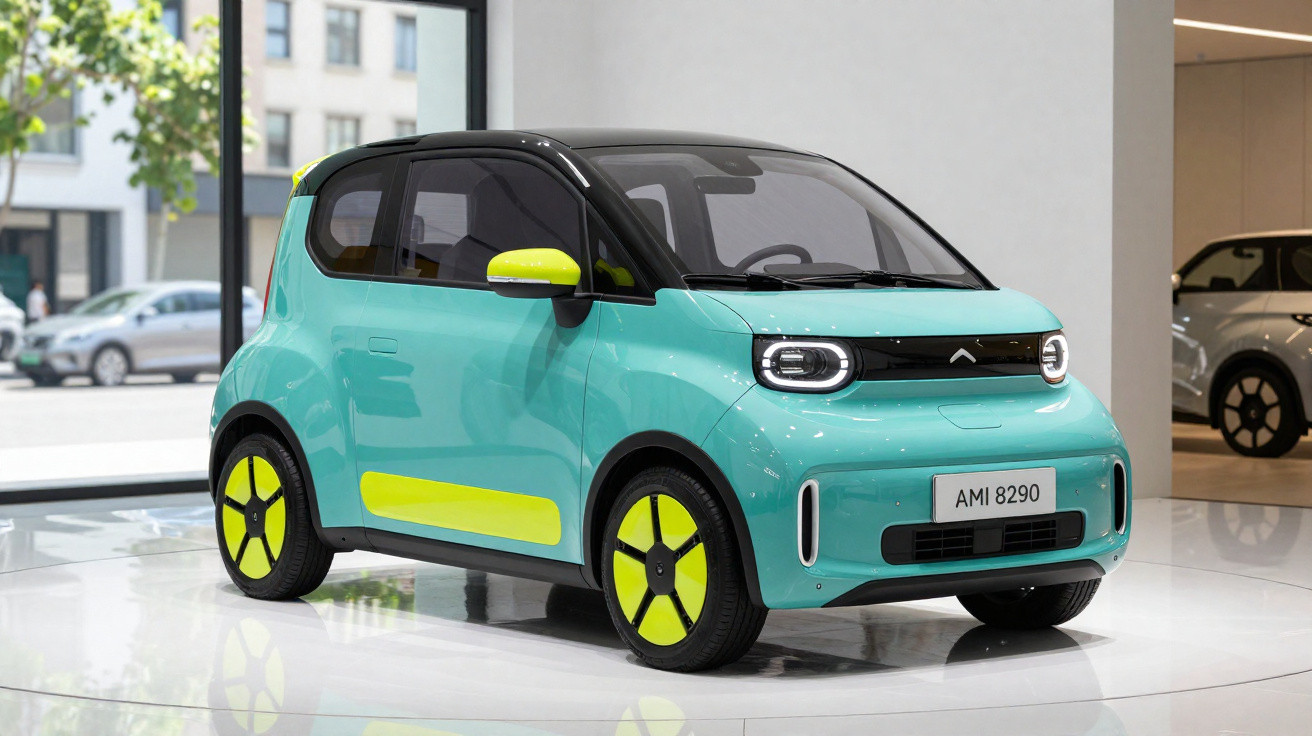 Kleiner türkisfarbener Citroën AMI Elektro-Kompaktwagen mit gelb-schwarzen Akzenten im Autohaus.