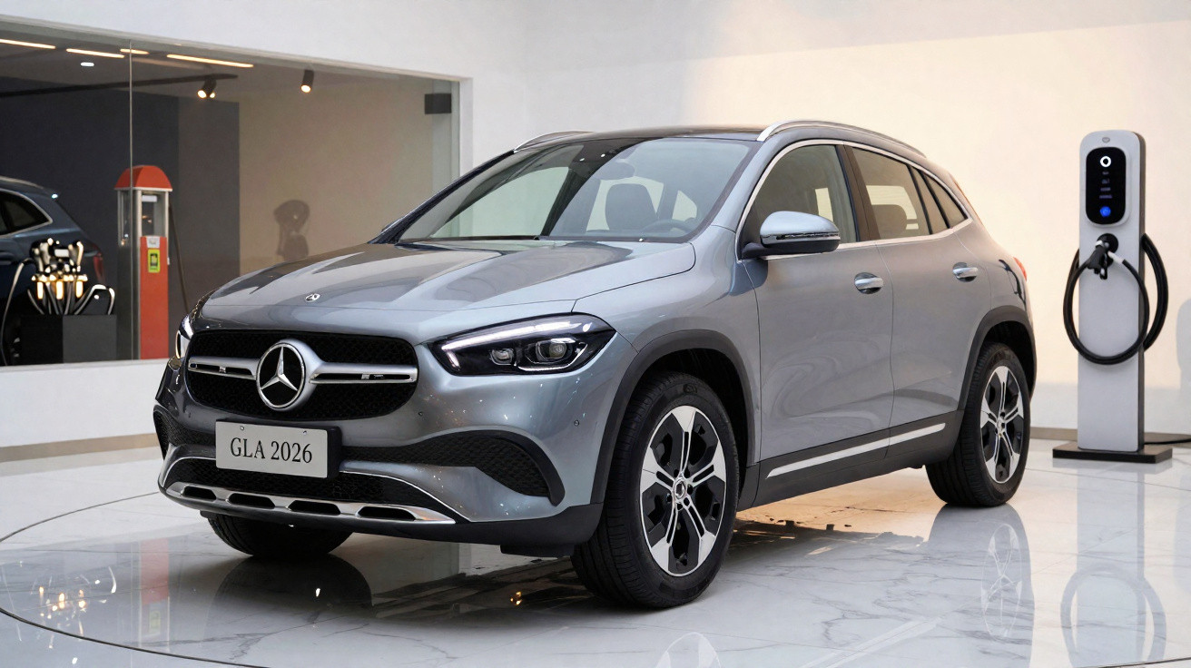 Silberner Mercedes-Benz GLA 2026 SUV in Innenraum mit Ladestation für Elektrofahrzeuge.