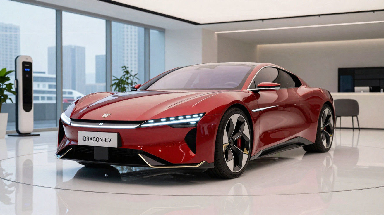Roter Dragon-EV Sportwagen mit LED-Scheinwerfern in modernem Ausstellungsraum vor Fensterfront und Ladestation.
